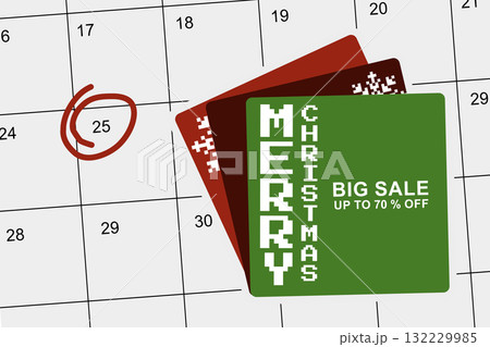 Exciting Christmas sale announcement on holiday calendar for December 25 with discount cards 132229985