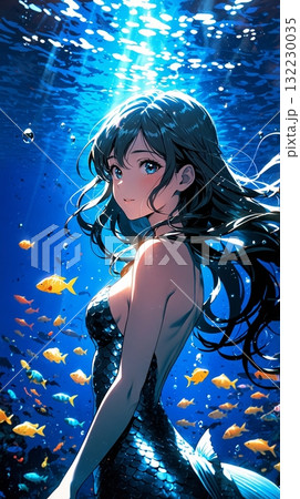 青い海の中で微笑む人魚の美少女。光が差し込み魚が泳ぐ。 132230035