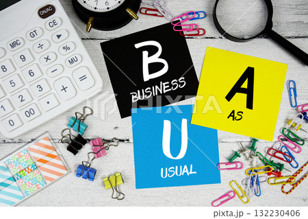 BAU Abbreviation of Business as Usual text phrase of business and financial concept 132230406