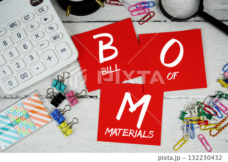 BOM Abbreviation of Bill Of Materials text phrase of business and financial concept BOM Abbreviation of Bill Of Materials text phrase of business and financial concept 132230432