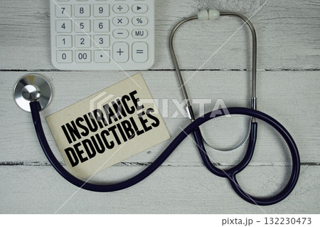 Insurance Deductibles text with Stethoscope and calculator on wooden background 132230473