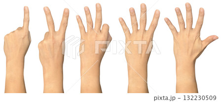 Hand showing one to five on transparent background cutout, PNG file. Mockup template for artwork design. Number sign gestures concept 132230509
