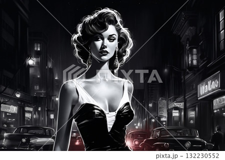 Portrait of a beautiful fashionable woman with a hairstyle, in a city street, at night. Illustration, poster in the style of 1960 Portrait of a beautiful fashionable woman with a hairstyle, in a city street, at night. Illustration, poster in the style of 1960 132230552
