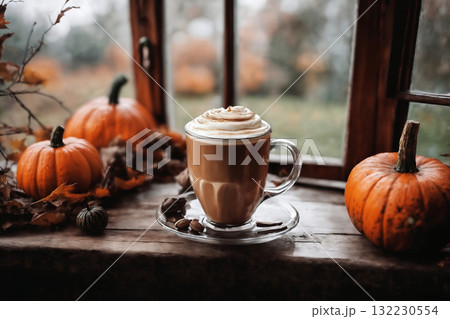 decoration for halloween holiday, still life, a cup of hot latte and pumpkins on a windowsill, beautiful autumn landscape outside the window, rural, festive background decoration for halloween holiday, still life, a cup of hot latte and pumpkins on a windowsill, beautiful autumn landscape outside the window, rural, festive background 132230554