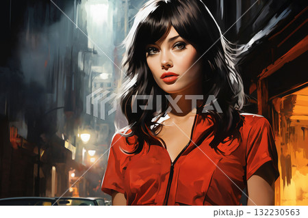 Portrait of a beautiful fashionable woman with a hairstyle on a city street, in the evening. Streetlights reflected from wet road. 132230563