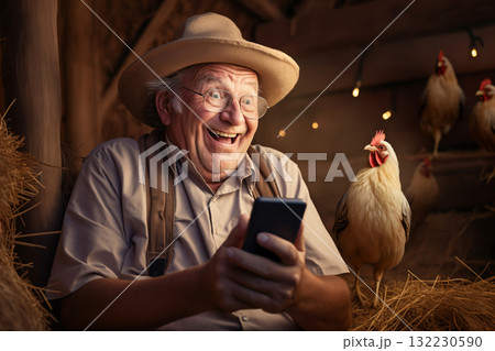 portrait of a funny old man, a villager, he sits on hay in barn of ranch, and laughs, makes a video call by smartphone, or playing online game, chickens around him, retro style portrait of a funny old man, a villager, he sits on hay in barn of ranch, and laughs, makes a video call by smartphone, or playing online game, chickens around him, retro style 132230590