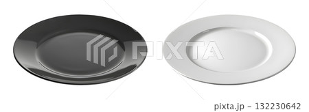 Set of black and White ceramic plate on transparent background cutout, PNG file. Mockup template for artwork graphic design 132230642