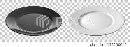 Set of black and White ceramic plate on transparent background cutout, PNG file. Mockup template for artwork graphic design 132230642