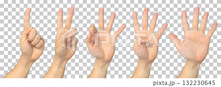 Hand showing one to five on transparent background cutout, PNG file. Mockup template for artwork design. Number sign gestures concept 132230645