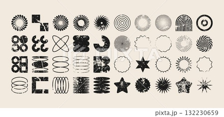 Brutalist geometric shapes, modern grunge symbols. Simple primitive elements and forms, distressed details. Retro design, aged, vintage, trendy contemporary minimalist style, y2k. Vector illustration 132230659