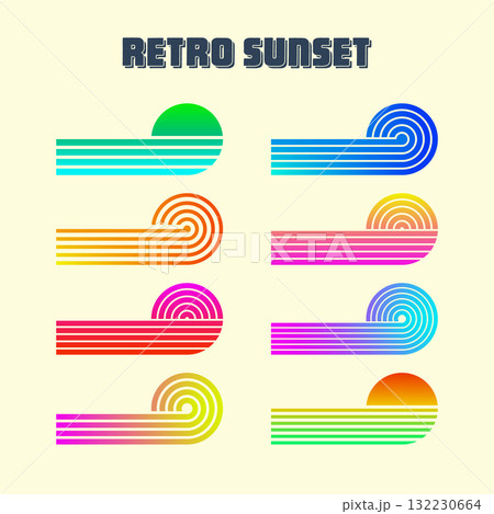 Vintage colorful sunset. Various gradient striped sunrise badges in 80s and 90s style. Sun and ocean view, summer vibes, surfing. Design element for print, logo or t-shirt. Vector illustration 132230664