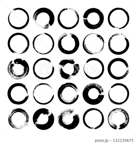 Grunge circles, brush strokes, lines, ink smudges, hand-drawn scribble shapes. Handmade sketchy marks, acrylic stains, charcoal streaks. Paint textures, dry brush effect. Vector illustration 132230675