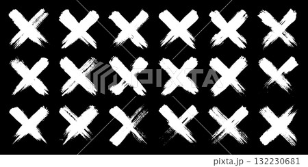 Grunge crosses, brush strokes, x mark, lines, ink smudges, hand-drawn scribble shapes. Handmade sketchy marks, acrylic stains, charcoal streaks. Paint textures, dry brush effect. Vector illustration Grunge crosses, brush strokes, x mark, lines, ink smudges, hand-drawn scribble shapes. Handmade sketchy marks, acrylic stains, charcoal streaks. Paint textures, dry brush effect. Vector illustration 132230681
