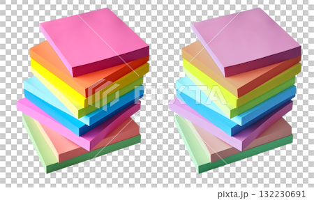 Stack of colourful of sticky post-it note paper . Many assorted different colours isolated on transparent background cutout. PNG file 132230691