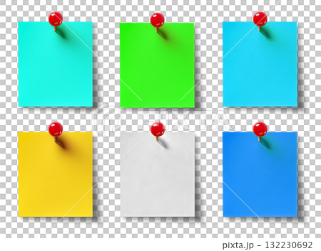 Shaded red pin sticky post-it note paper with shadow . Many assorted different colours isolated on transparent background cutout. PNG file 132230692