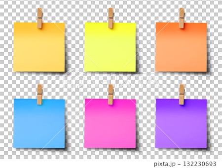Shaded wooden wood pegs with sticky post-it note paper with shadow . Many assorted different colours isolated on transparent background cutout. PNG file 132230693