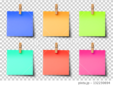 Shaded wooden wood pegs with sticky post-it note paper with shadow . Many assorted different colours isolated on transparent background cutout. PNG file 132230694