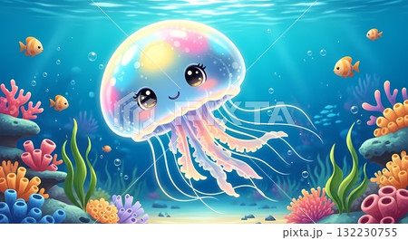 Cute Cartoon Jellyfish Floating in a Vibrant Sea Cute Cartoon Jellyfish Floating in a Vibrant Sea 132230755