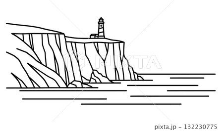 Lighthouse on a Clifftop, Ocean View, Minimalist Line Art 132230775