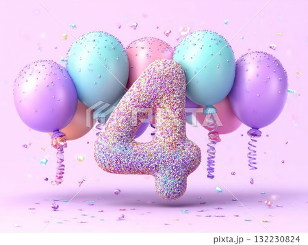 Birthday number 4 with balloons, confetti and candy. Colorful festive decor enhancing kids party celebrations. 132230824