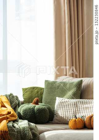 Autumn Sofa Styling with Textured Pillows, Fabric Pumpkins, and Cozy Blankets Autumn Sofa Styling with Textured Pillows, Fabric Pumpkins, and Cozy Blankets 132230846