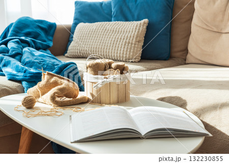 Knitting Setup with Yarn Basket, Book and Cozy Couch in Sunlight Knitting Setup with Yarn Basket, Book and Cozy Couch in Sunlight 132230855