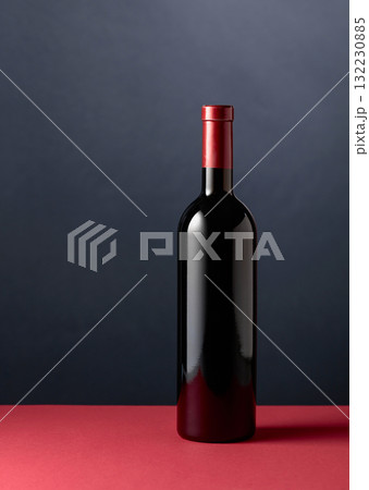 Bottle of red wine on a red table. 132230885