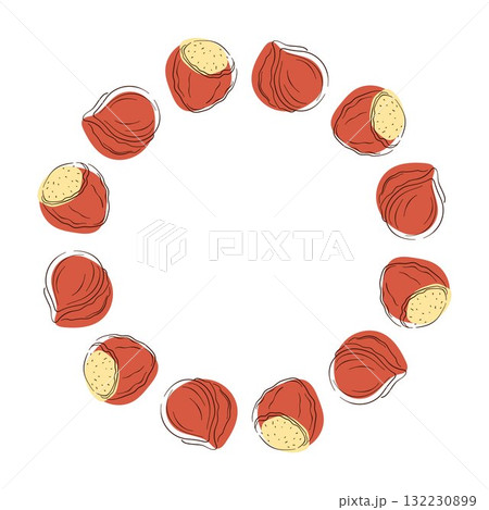 Circular frame with hazelnut arranged on a white background in a flat style illustration. 132230899