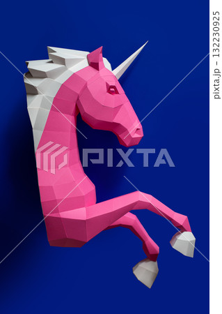 Geometric Pink Blue Unicorn Sculpture Dual Background. Bold and modern geometric unicorn sculpture Geometric Pink Blue Unicorn Sculpture Dual Background. Bold and modern geometric unicorn sculpture 132230925