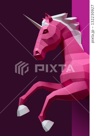 Geometric Pink Unicorn Sculpture Dual Background. Bold and modern geometric unicorn sculpture 132230927
