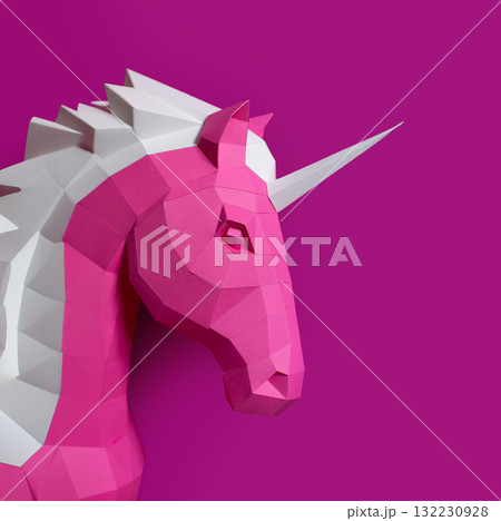 Pink paper geometric unicorn head. Made of paper. Innovative interior design details. 132230928