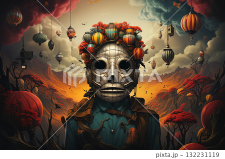 an illustration of a skull in the sky with balloons around his head, in the style of realistic hyper-detailed portraits 132231119