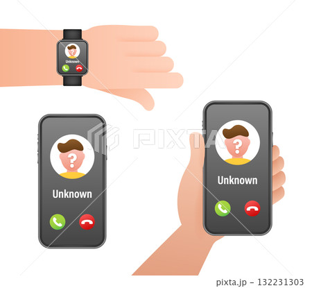 Unknown caller receiving scam call on smartphone and smartwatch 132231303