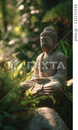 Buddha Statue Surrounded by Lush Greenery in a Tranquil Garden at Sunrise 132231419
