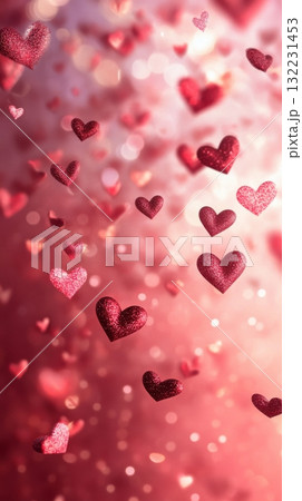 Floating Glitter Hearts Create a Romantic Atmosphere in Pink and Red Hues During a Festive Celebration Floating Glitter Hearts Create a Romantic Atmosphere in Pink and Red Hues During a Festive Celebration 132231453