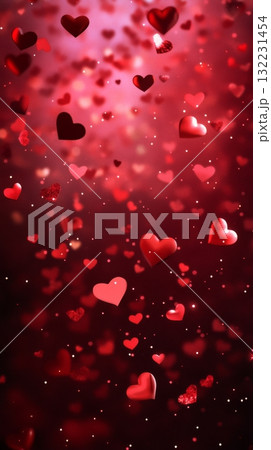 Floating Glitter Hearts Create a Romantic Atmosphere in Pink and Red Hues During a Festive Celebration 132231454