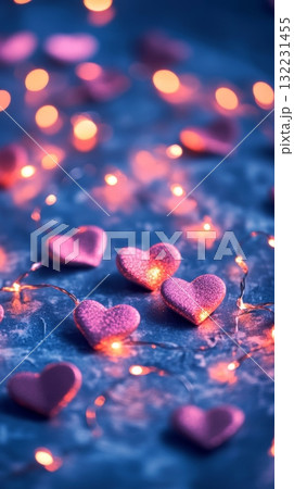 Soft Pink Hearts With Glowing Lights Create a Romantic Atmosphere on Blue Surface 132231455