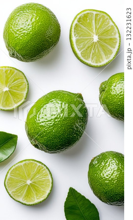 Fresh Limes and Lime Slices Arranged With Green Leaves on a White Background Fresh Limes and Lime Slices Arranged With Green Leaves on a White Background 132231623