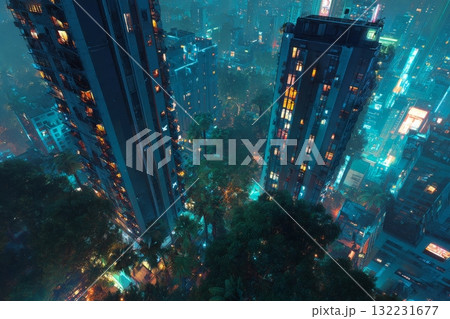Bright Neon Cityscape at Night With Towering Buildings Surrounded by Greenery and Glowing Lights Bright Neon Cityscape at Night With Towering Buildings Surrounded by Greenery and Glowing Lights 132231677