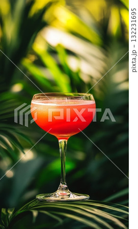 Refreshing Tropical Cocktail Garnished With Vibrant Colors in a Lush Garden Setting 132231695