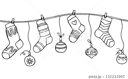 Coloring page. Seamless garland with knitted socks. Doodle illustration. Coloring page. Seamless garland with knitted socks. Doodle illustration. 132231997