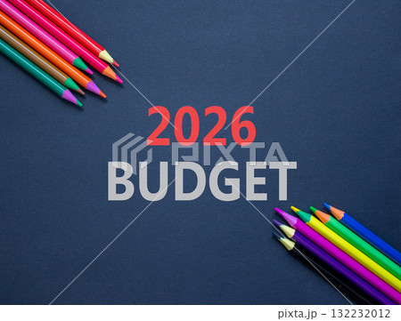 2026 Budget symbol. Concept words 2026 Budget on beautiful black paper. Beautiful black paper background. Beautiful colored pencils. Business and 2026 budget concept. Copy space. 132232012