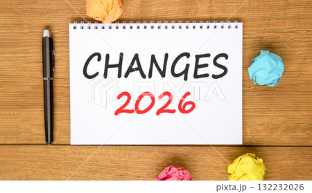 Changes 2026 symbol. Concept words Changes 2026 on beautiful white note. Beautiful wooden background. Black pen. Colored paper. Business and changes 2026 concept. Copy space. 132232026