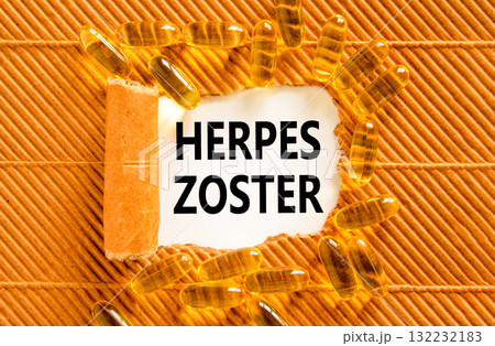 Herpes zoster symbol. Concept words Herpes zoster on beautiful white paper. Yellow pills tablets. Beautiful brown background. Medical healthy lifestyle herpes zoster concept. Herpes zoster symbol. Concept words Herpes zoster on beautiful white paper. Yellow pills tablets. Beautiful brown background. Medical healthy lifestyle herpes zoster concept. 132232183