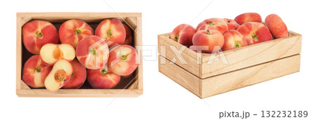 chinese flat donut peaches in wooden box isolated on white background. Top view. Flat lay chinese flat donut peaches in wooden box isolated on white background. Top view. Flat lay 132232189