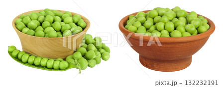 Fresh green peas in wooden bowl isolated on white background Fresh green peas in wooden bowl isolated on white background 132232191