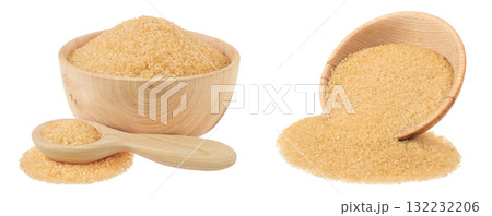 The brown sugar in wooden bowl and spoon isolated on white background 132232206