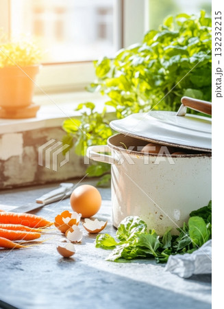 Kitchen with white pot and vegetables, sunlight background Kitchen with white pot and vegetables, sunlight background 132232215