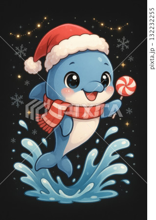 Cute anime dolphin with santa hat and scarf amidst festive snowflakes Cute anime dolphin with santa hat and scarf amidst festive snowflakes 132232255