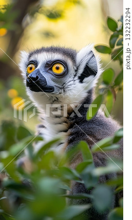 Lemur Sits Among Lush Foliage, Observing Its Surroundings in a Sunny Environment Lemur Sits Among Lush Foliage, Observing Its Surroundings in a Sunny Environment 132232294